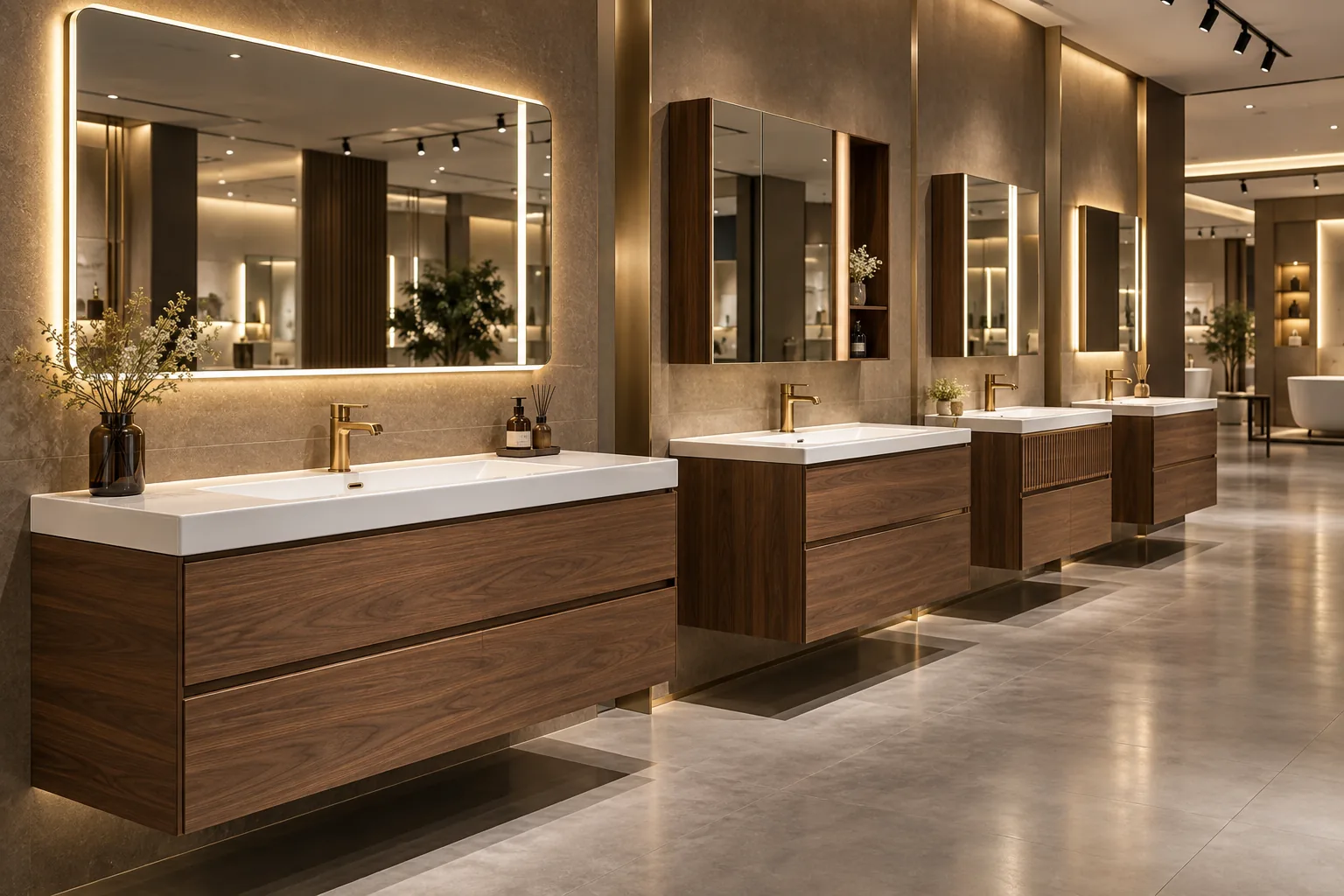 Showroom de fábrica de muebles de baño con vanities de madera y espejo LED