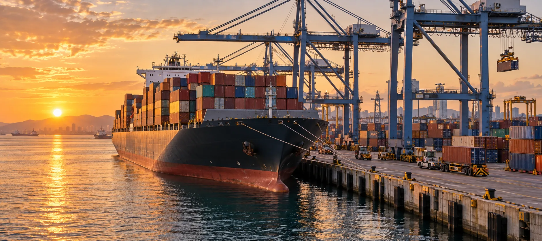 Buque portacontenedores atracado en un puerto comercial moderno al atardecer, con grúas pórtico y contenedores apilados