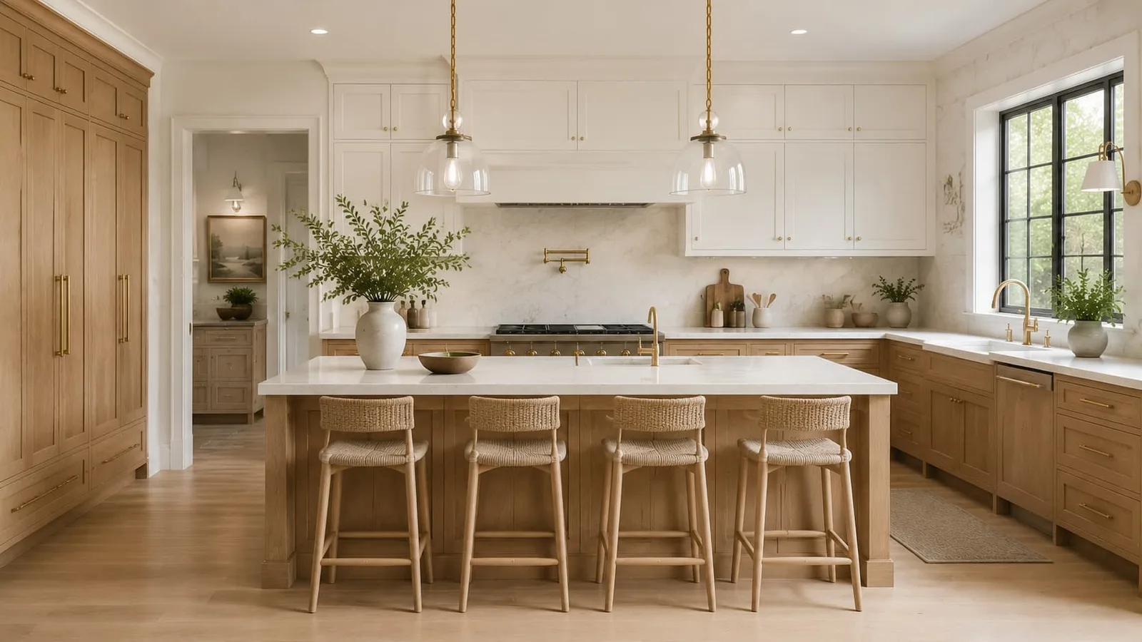 Cocina de George Group ya instalada en una vivienda: muebles de madera clara con isla central y tiradores dorados