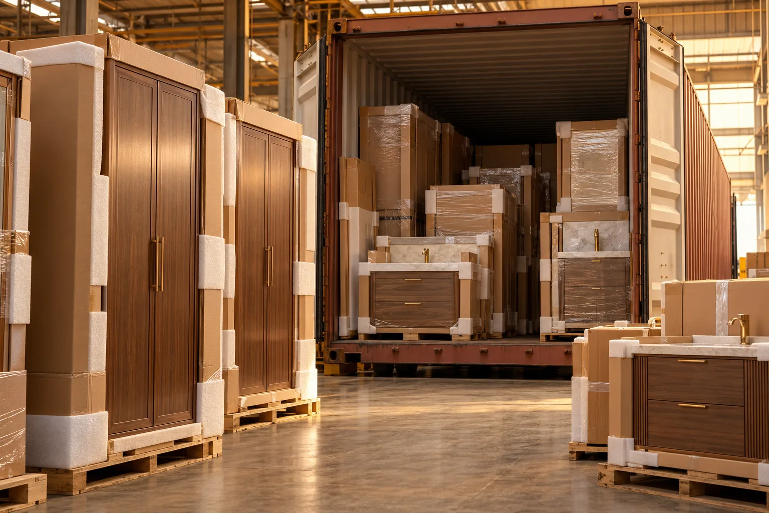 Muebles de madera embalados cargándose en un contenedor de exportación