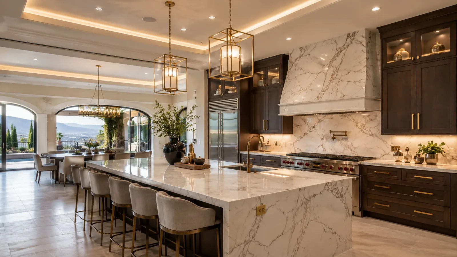 Cocina de villa de lujo fabricada por George Group: isla central con encimera de mármol, muebles oscuros y campana revestida