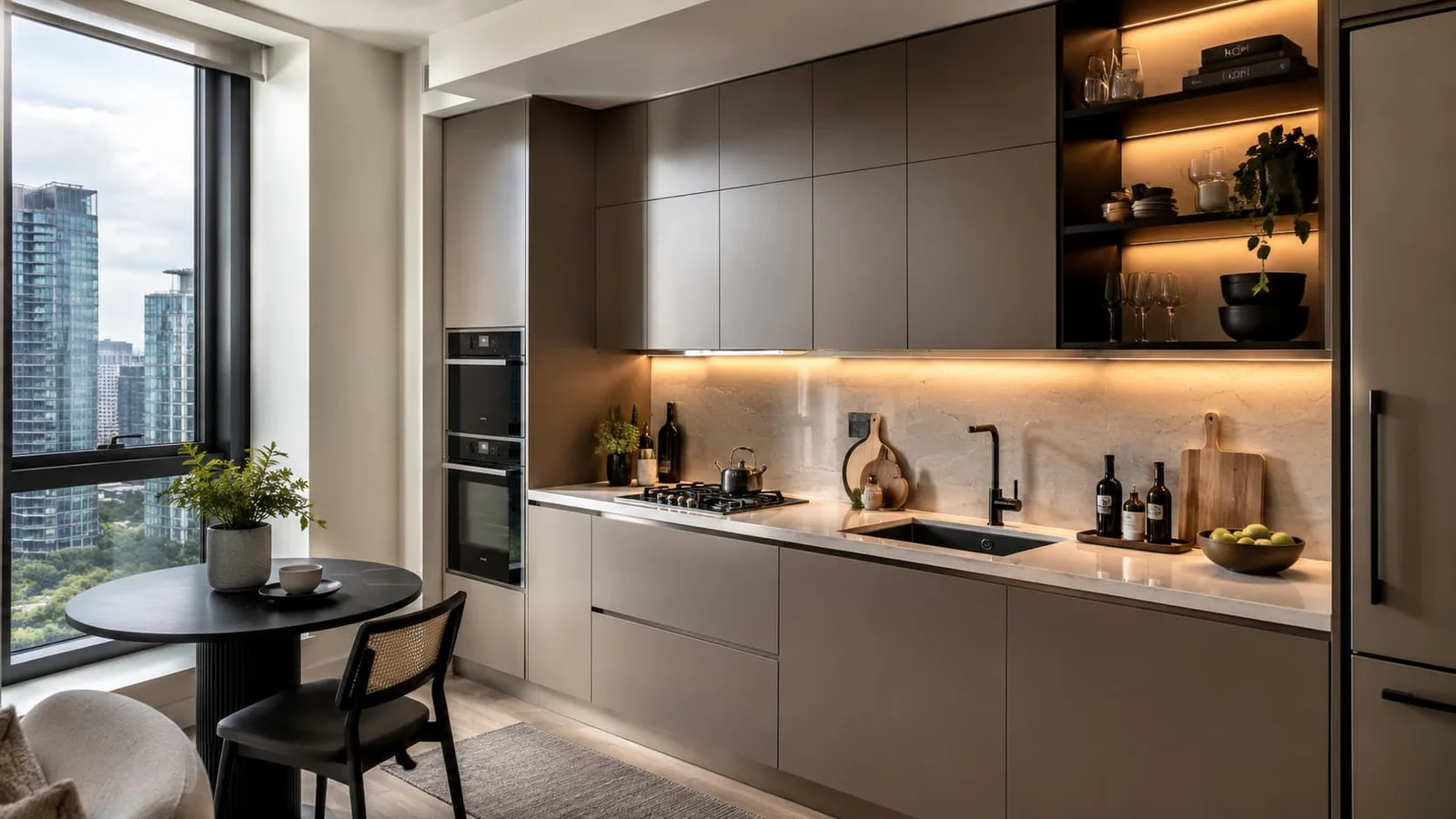 Cocina de apartamento fabricada por George Group para una promoción residencial: muebles sin tirador en tono gris con iluminación LED integrada