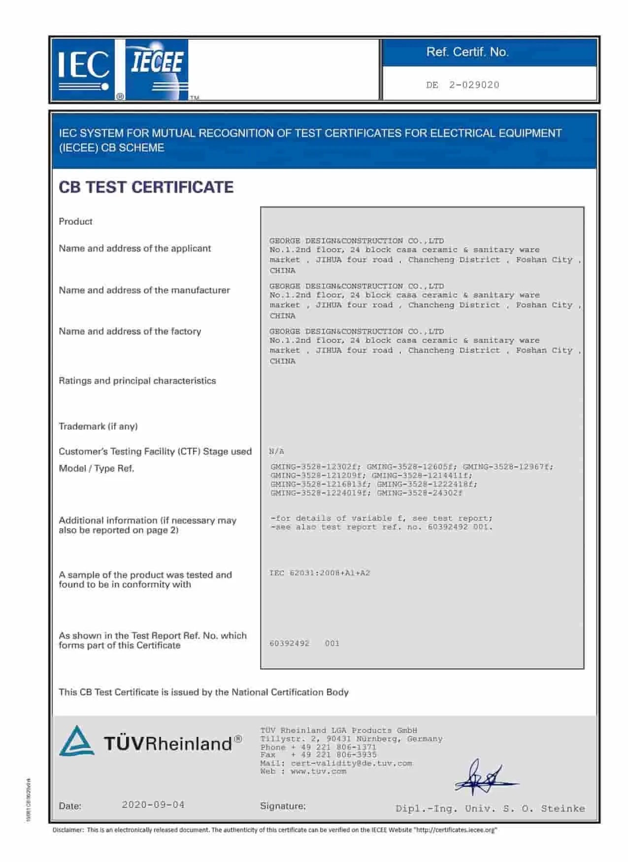 Certificación TUV CB