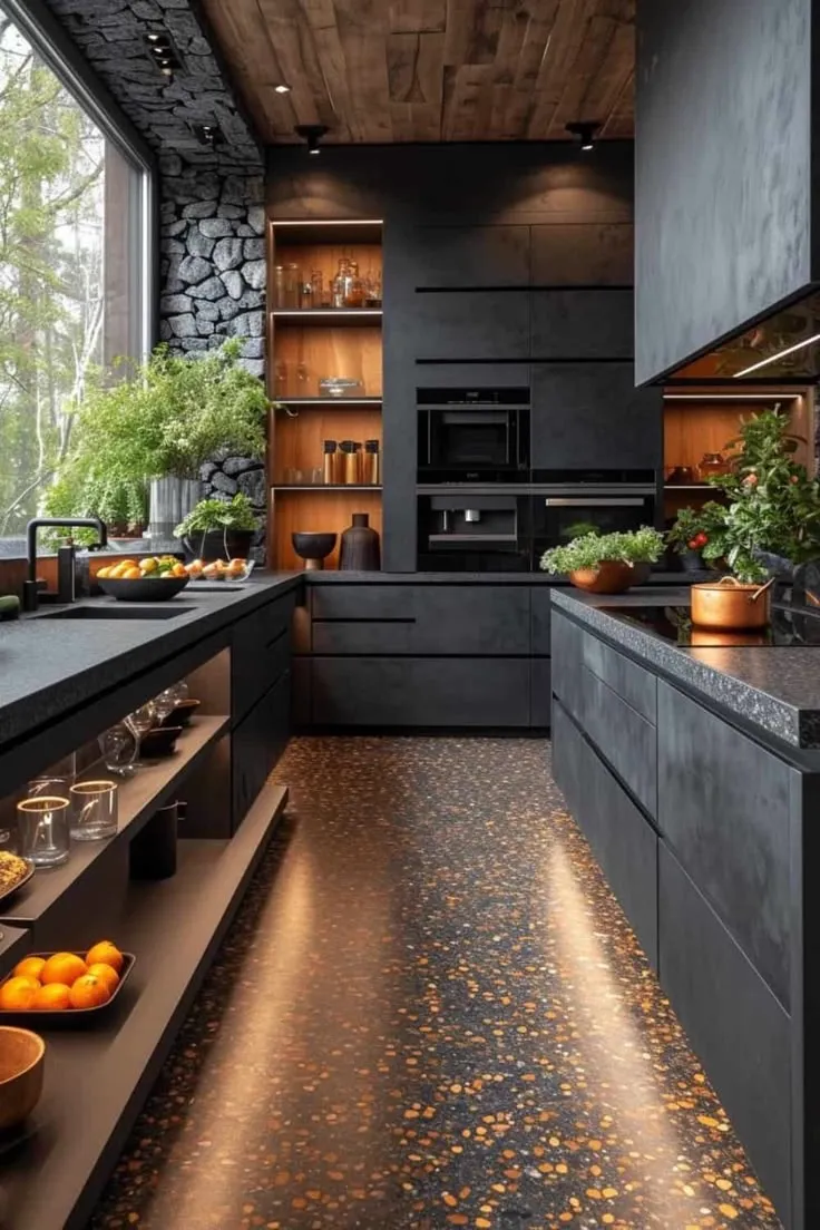 Cocina elegante con combinación de materiales madera y lacado