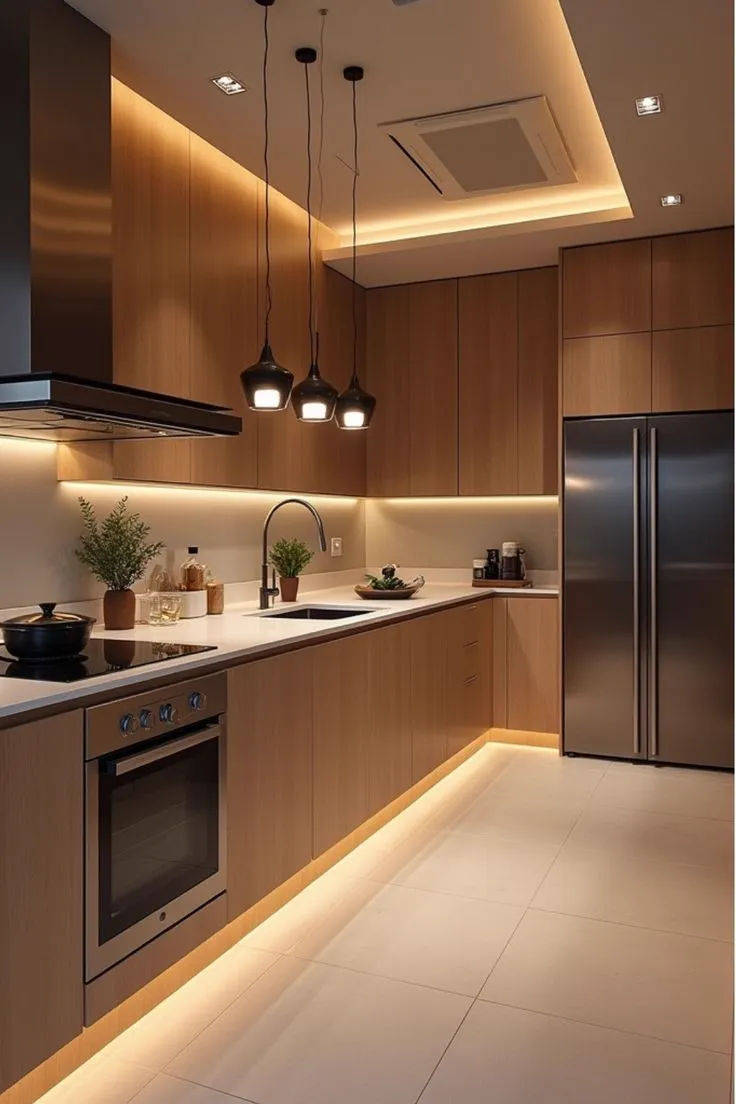 Cocina con isla central en tonos naturales y gabinetes de madera