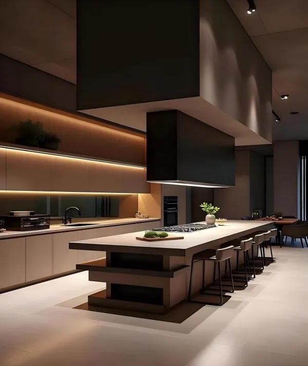 Cocina minimalista con gabinetes lacados en color arena y acabado mate