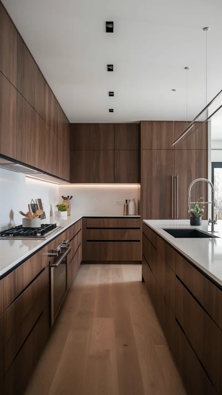 Cocina contemporánea con almacenamiento integrado y diseño funcional
